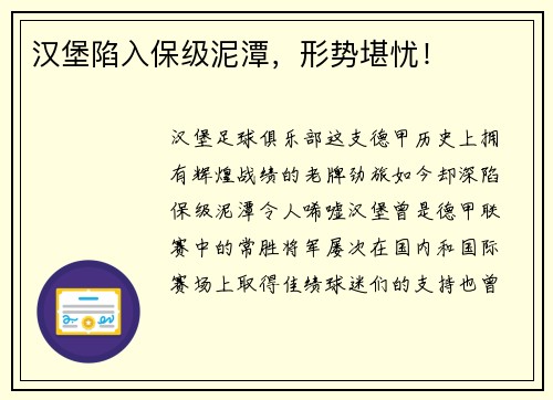 汉堡陷入保级泥潭，形势堪忧！